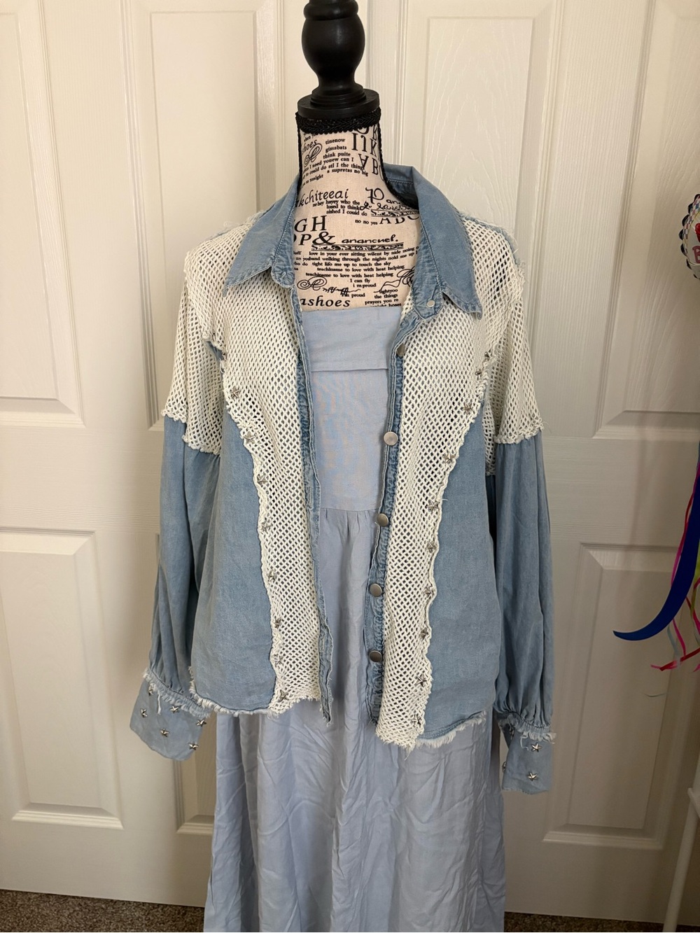 POL Light Blue Button-Front Top with White Crochet Overlay